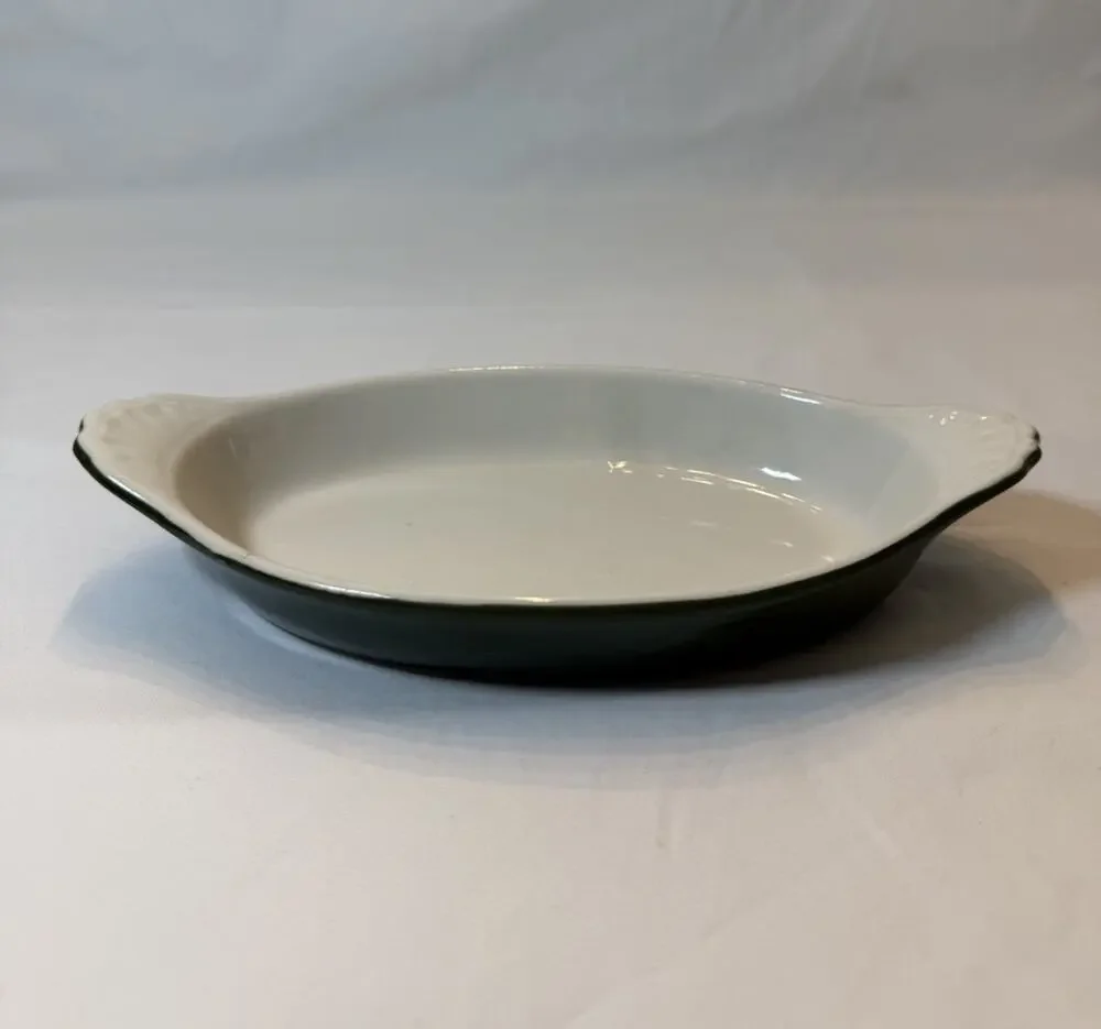 Shenango Ceramic Oval Baking Dish White Green Oven Safe 11x7in One-Piece